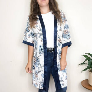 PINKBLUSH Blue Floral Boho Flowy Kimono Long Open